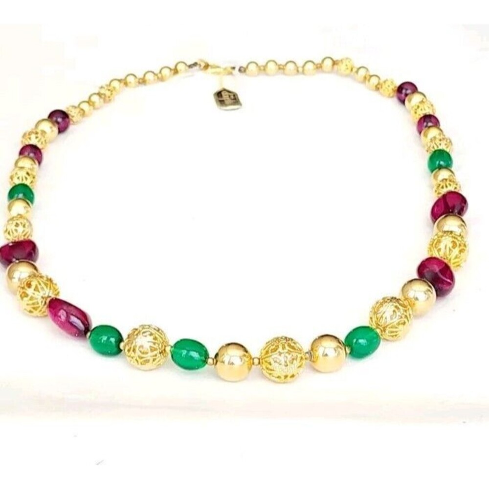 Vintage Carol Dauplaise Gold Tone Acrylic Jewels Statement Necklace Original Tag